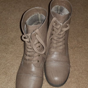 Tan/Grey combat boots with a violet tint